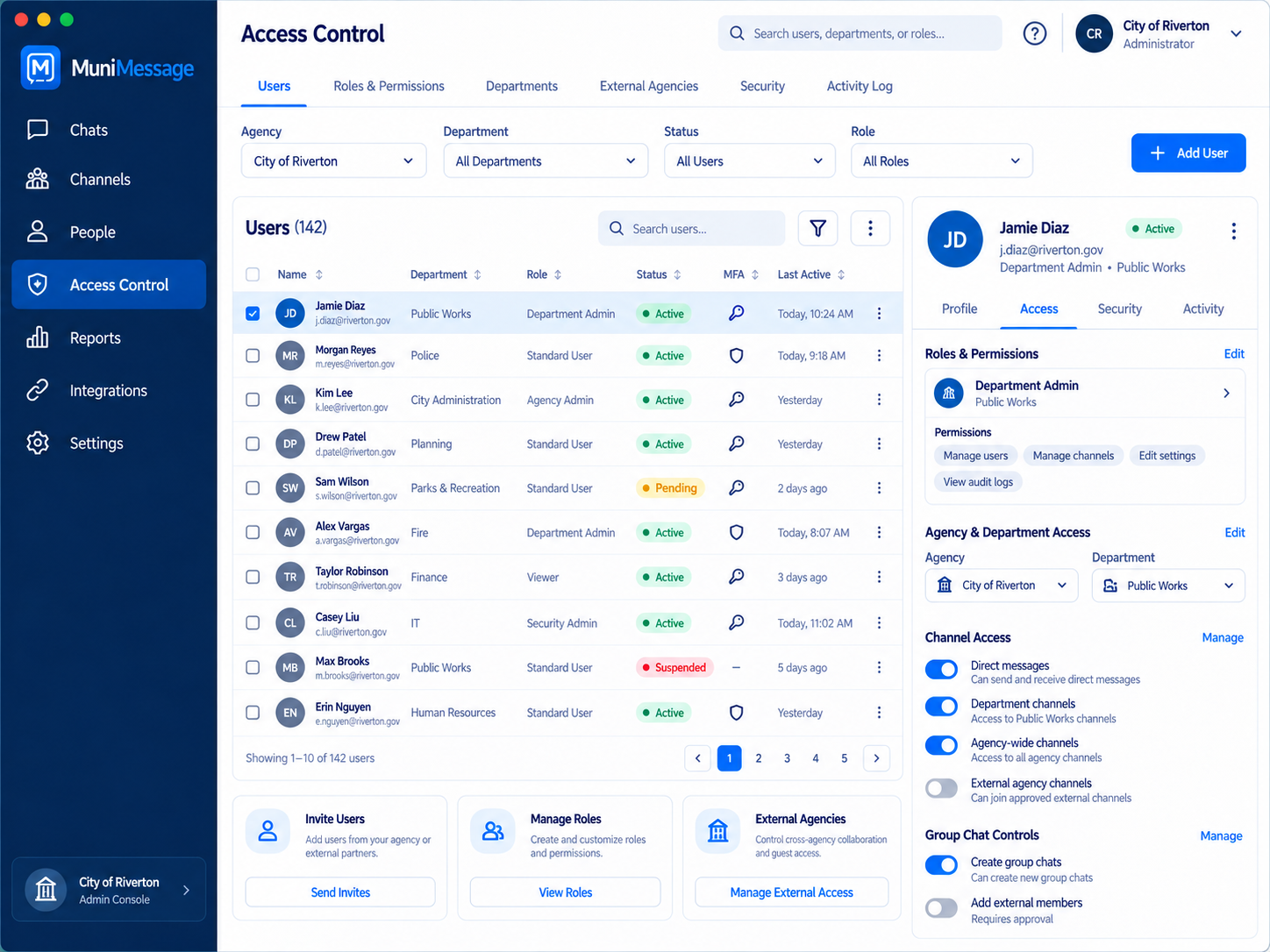 MuniMessage identity and access controls